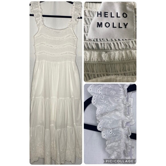 Hello Molly Maxi Dress Cotton Tiered Eyelet Smocked Pockets Sundress Sz 4 White - Picture 2 of 12